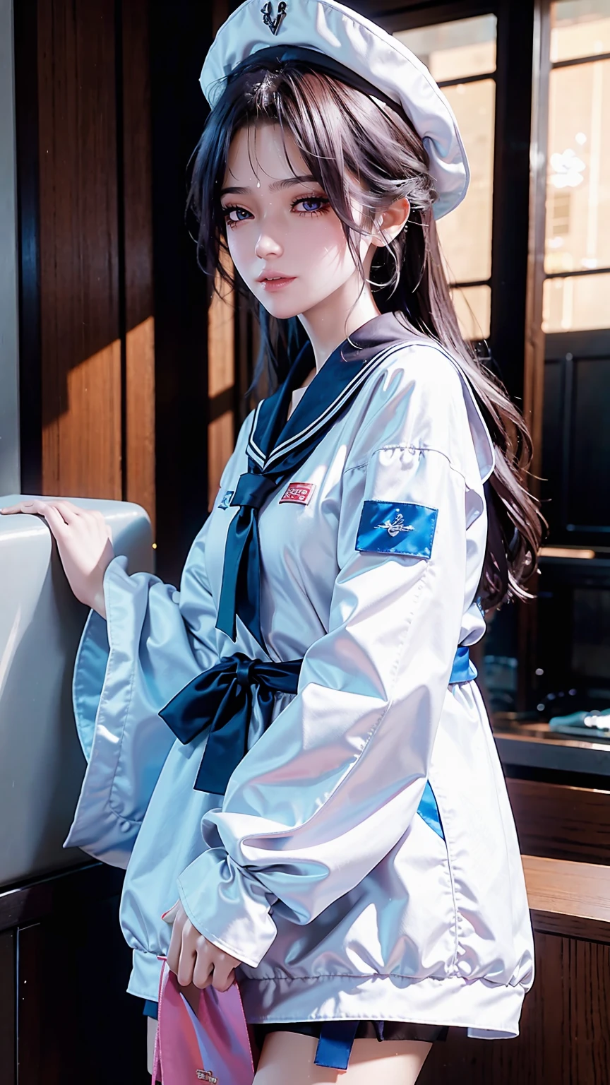 ((high quality)), ((masterpiece)), 8K, 一个女孩Cross-legged坐在水面上，Wearing a sailor suit，It&#39;s all about perspective，All capture，barefoot，Long legs，Wet，The body is full of water droplets，Flowers and rain，Dressed in tulle，Cross-legged，Keep your legs together，Flip hair