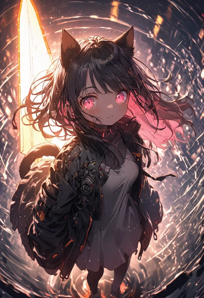 Detailed silhouette of a cyberpunk girl with cat ears and a tail, Flowing, Tattered coat, He has a giant buster sword with a mechanical cat design on it.., Stand on the glossy, Minimalist Reflective Surface, Depth, Dynamic Angle、Particles that glow throughout、Dimly、rain、Fisheye Lens:1.2、far and near method