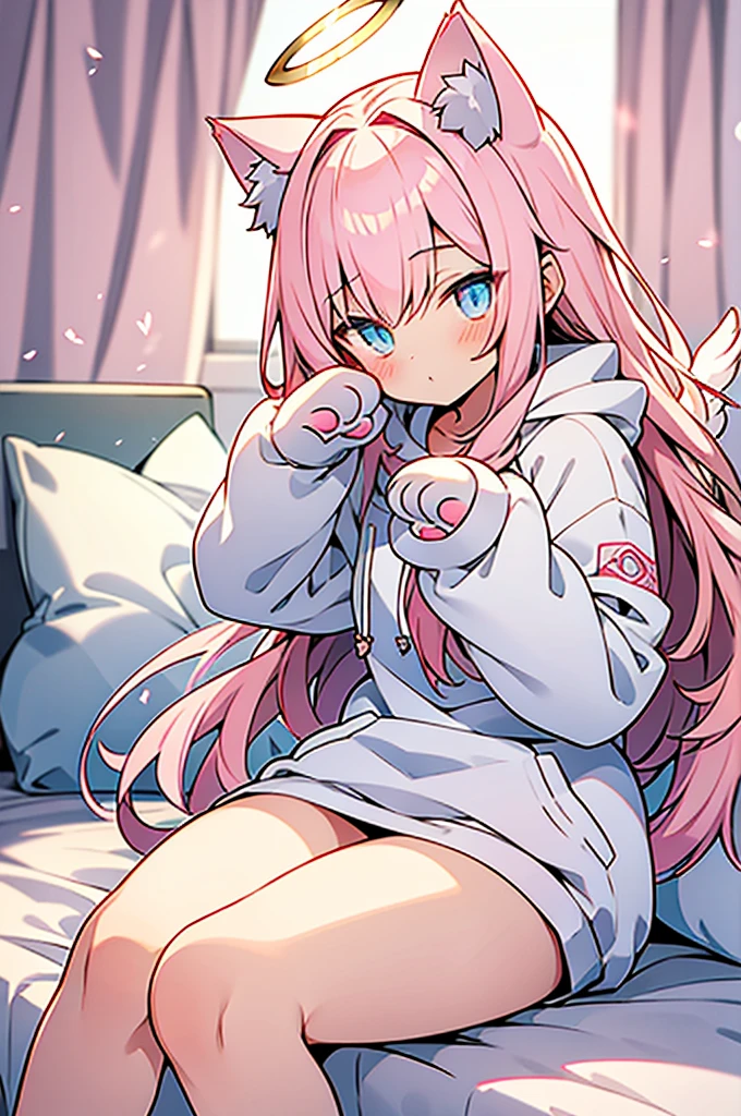 anime style,Angel shota,(((glowing Paw-shaped halo))),cat ears,pink long hair,white hoodie,angel wings,good night!,down on pillow,Faint lighting, hazy outlines,love you,Smooth thighs