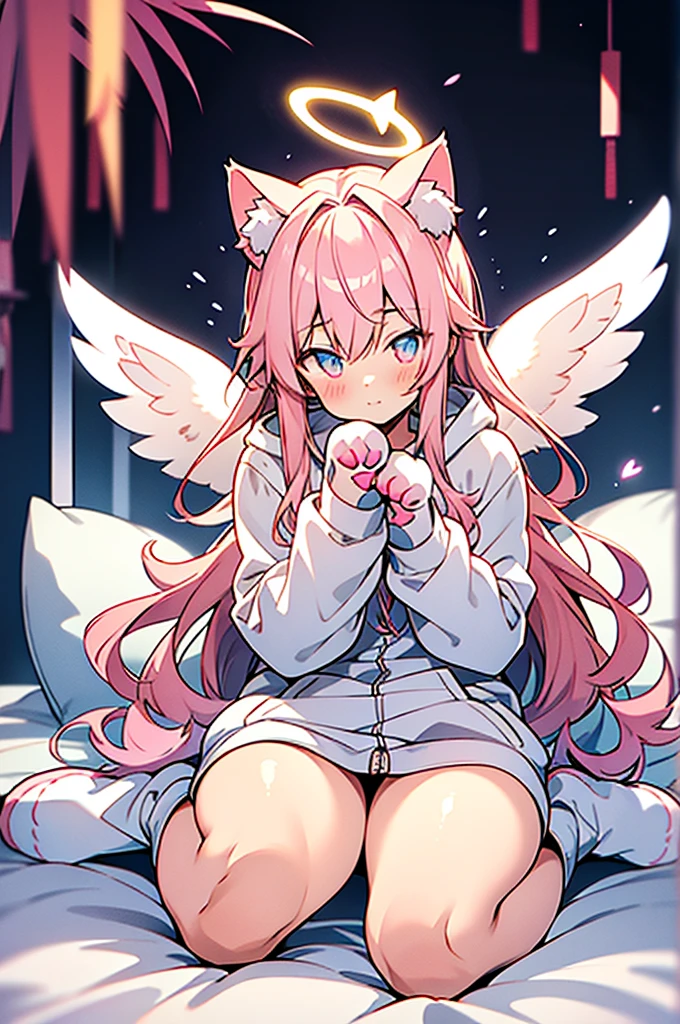 1 girl, new, showing her pink vagina animal ears, purples eyes, chestnut hair, wings, standing alone, long hair, blush, Cat's ears, flowers, gazing at viewer, braids, arcs, gowns, pink flowers, arcs, hair accessories, bangss, cats, hair flower, animal ear hair, containment, virtual youtuber, blue bow, containment animal, cat Woman, plush toy