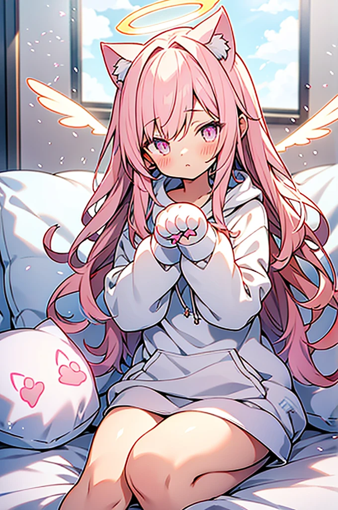anime style,Angel shota,(((glowing Paw-shaped halo))),cat ears,pink long hair,white hoodie,angel wings,good night!,down on pillow,Faint lighting, hazy outlines,love you,Smooth thighs