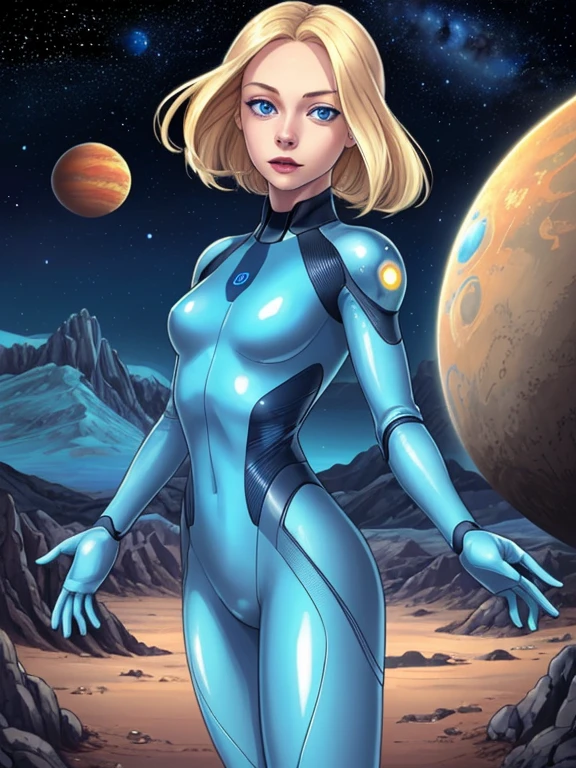 A portrait of an amazingly beautiful blonde woman with bright blue eyes, expressive face, detailed face, perfect eyes, (perfect hands), pale skin, she's wearing a tight glossy blue bodysuit, standing, on a landscape on a distant planet with unusual terrain and alien lifeforms, stars and planets are shown in the sky. SCI-FI themed, SCI-FI setting.