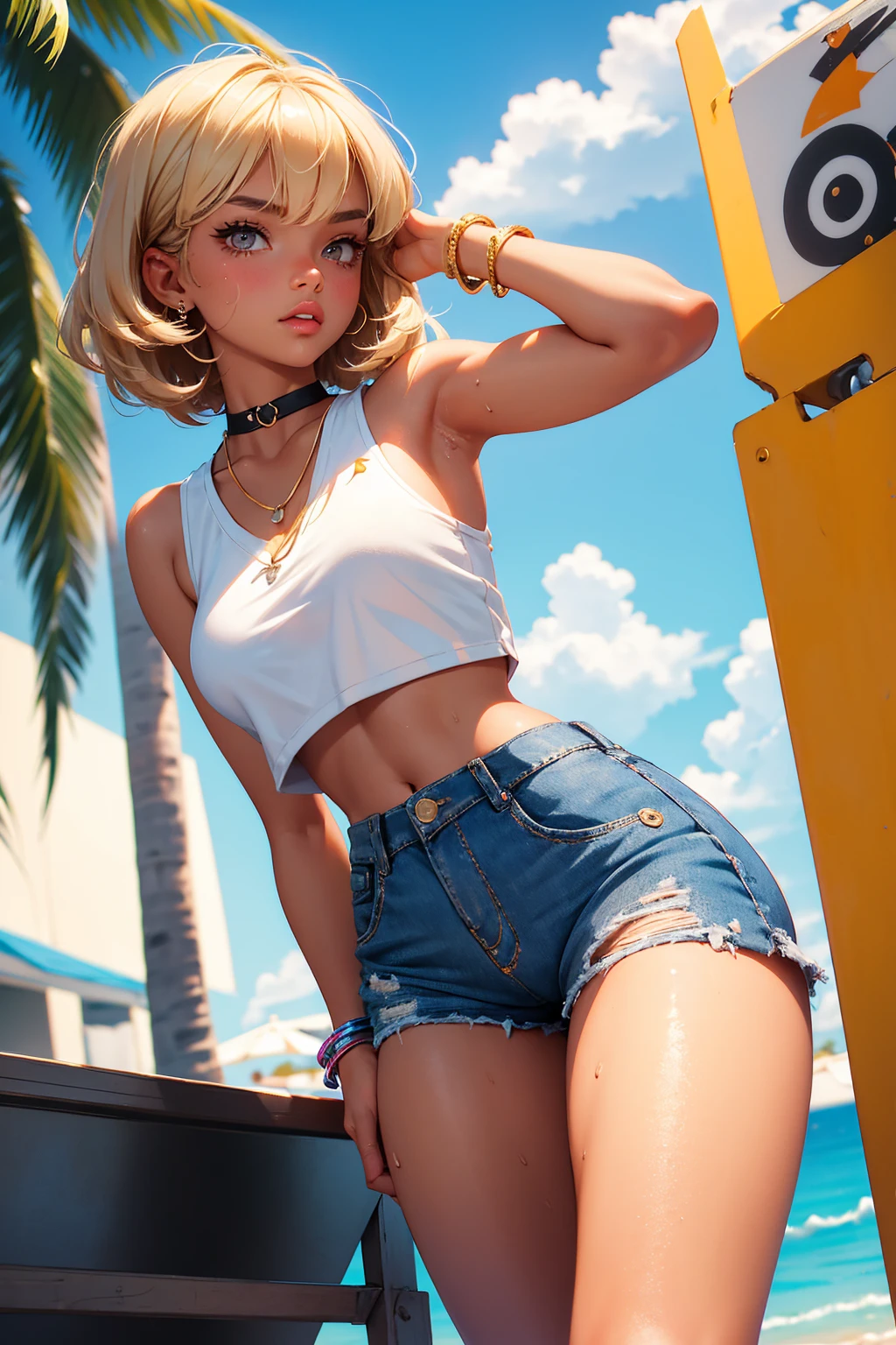 Teenage girl-model 18 years old, beautiful, tanned, blonde, bob hair, bangs, brown eyes, beautiful figure, girl wearing crop shirt and too short mini shorts, beautiful long legs, slave bracelets, slave choker, manicure, cute makeup, sweaty clothes, sweat stain, flirtatiously posing, hot summer, hot flirty, sexy posing, summer outfit, top quality, higest quality, pin-up style, retro 80s style, Daisy Dukes style, Miami vibes, Californian