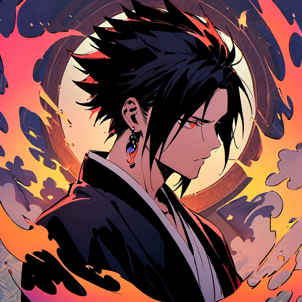 (best quality), oriental detailed background, one man wearing a black suit has flame power, the man become one with flame , the man has sasuke uchiha hairstyle and wearing earring