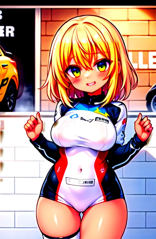 (work of art, best qualityer, hires, high resolution:1.2), (comely, Aesthetics, perfect, dainty, intricate:1.2), (Depth of field:1.2), (1 girl, standing alone), (mature woman), (darkskin, skin black, ebony:1.4), (a sexy racing driver leaning against the wall), (fleshy lips, Glossy lips), (shorth hair), (smiling), (racing driver uniform), (cowboy shot),