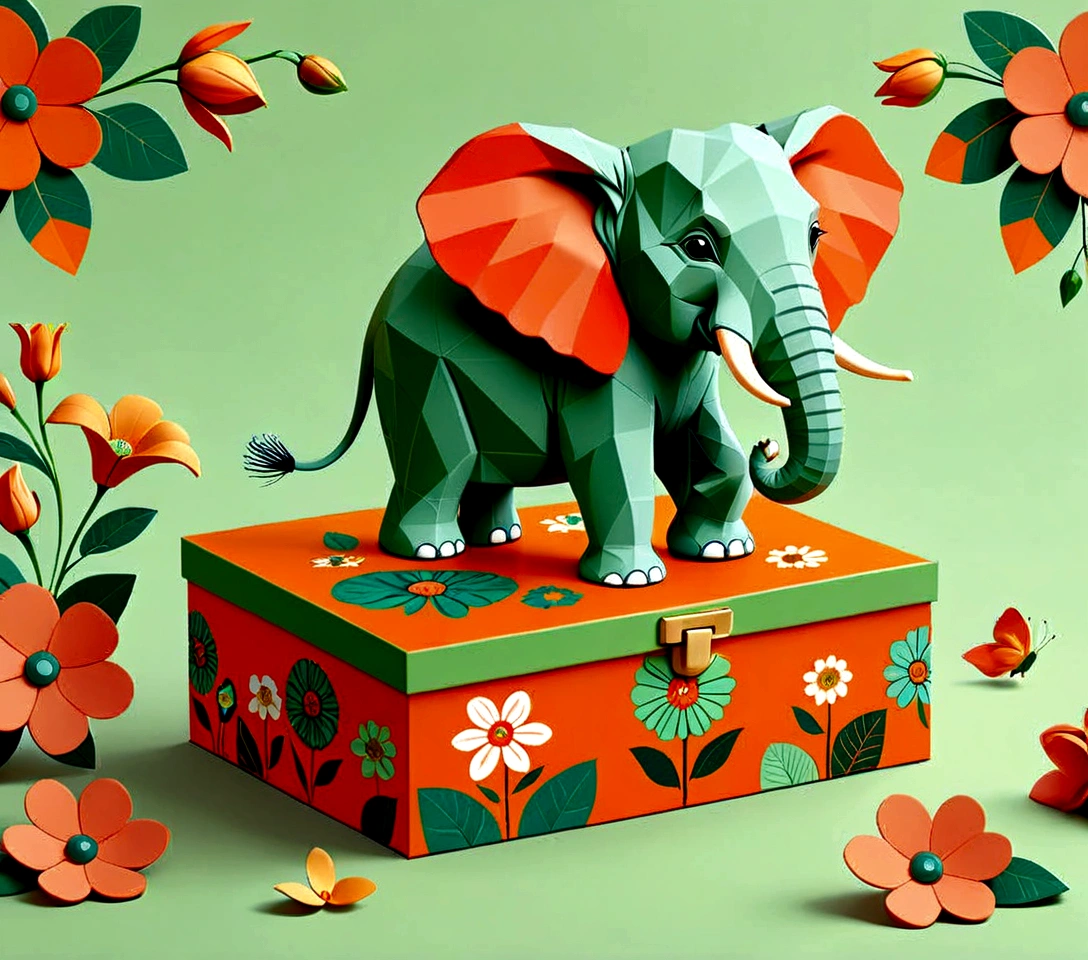 Beautifully designed flat rectangular box with handle, with carrying handle, English squares, flourishing flowers, printing a cute little elephant, geometric lines, minimalist, modern, high end, cute, color blocking, floral motifs, orange and green, illustration, cartoon, geometric style, beautifully detailed, flat color vector design style,...
