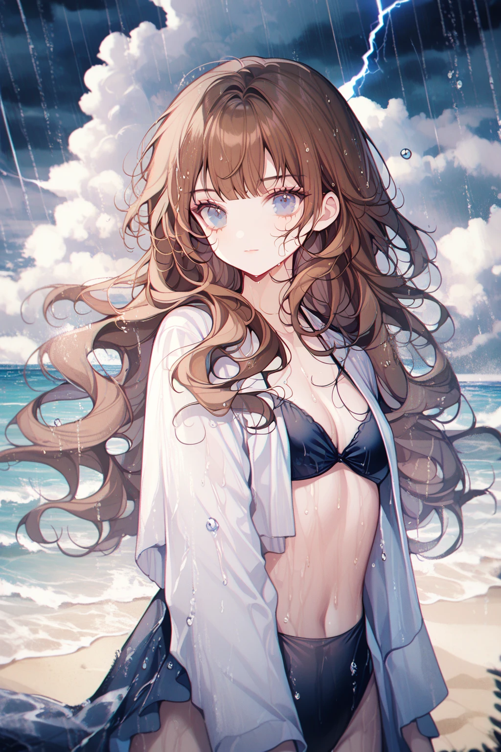 by ttosom, 1 girl, CuteStyle, blue eyes, brown hair, long hair with bangs, flowing hair, dressed in a black bikini, dark, neckline, medium chest, large hips, wet body, on the beach, sand, horizon, sea, water droplets, water splashes, tornado, clouds, cloudy, thunderstorm, rain, lightning in the sky, looking at the viewer, serious look, no smile, detailed, beautiful, gentle tones, close, upper body