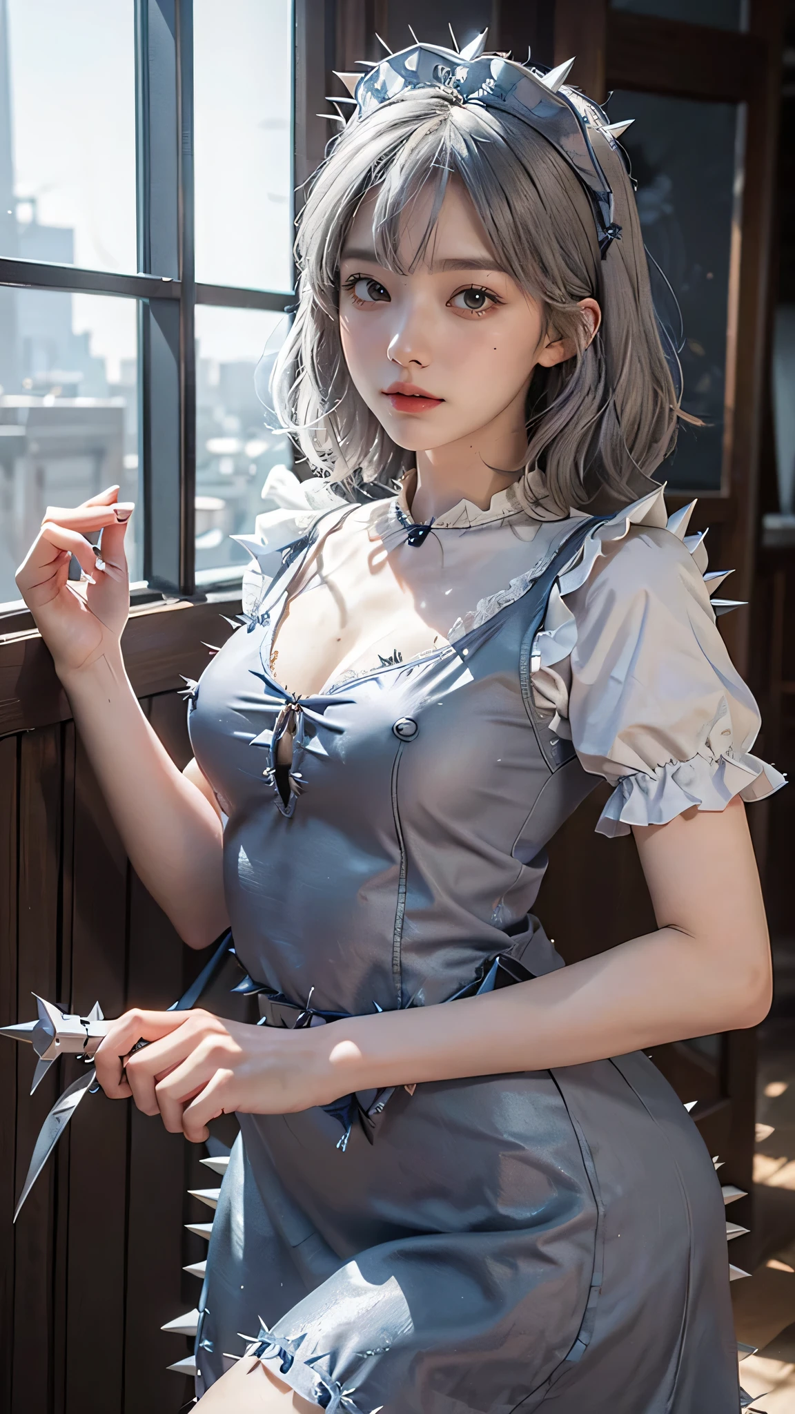 ((16 Nights Sakiya)), ((Touhou Project)), Cosplay, 20-year-old woman, (((gray hair)), ((medium spiky hair)), ((blue maid outfit)), ((white blouse)), midchest, (light)))), (pose))), (photorealistic photo: 1.3), rim lighting, (high detail skin:1.2), 8K UHD, dslr, high quality, high resolution, 4K, 8K, Bokeh, Absurdity, Best ratio four fingers and one thumb, (Real:1.3), Cutest 1 Girl, Lots of Knives