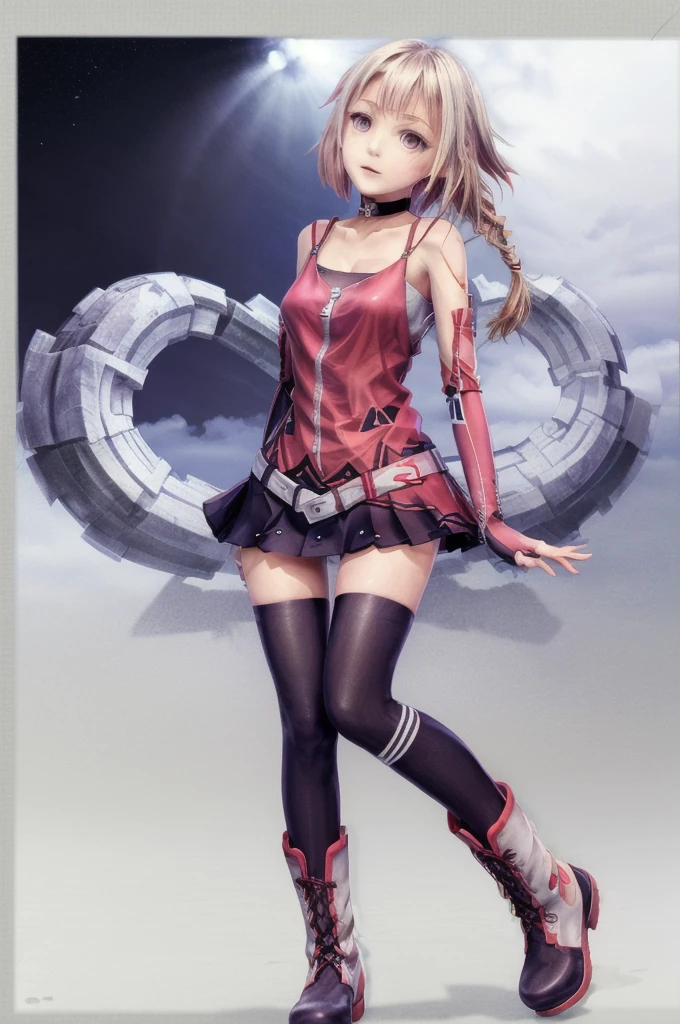 (Masterpiece, Best Quality), 1 girl,One_CeVIO, 1 girl, Alone, pink eyes, Brown hair, gloves, bare shoulders, clavicle, simple braid, White skirt, pleated skirt, Boots, loose sleeves, choker, white socks, purple belt, mini skirt, tattoo, simple thigh, flaps for fringed hair, Footwear, zipper, asymmetrical leggings, Boots rosas claro con cordones, thin straps, uneven fit, tirador de zipper, White shirt, White dress, knee high stockings, choker con colgante, pale skin, star accessory in hair and pink streak in hair,