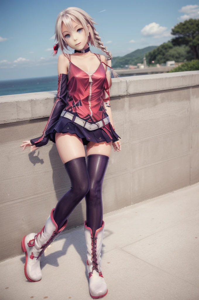 (Masterpiece, Best Quality), 1 girl,One_CeVIO, 1 girl, Alone, pink eyes, Brown hair, gloves, bare shoulders, clavicle, simple braid, White skirt, pleated skirt, Boots, loose sleeves, choker, white socks, purple belt, mini skirt, tattoo, simple thigh, flaps for fringed hair, Footwear, zipper, asymmetrical leggings, Boots rosas claro con cordones, thin straps, uneven fit, tirador de zipper, White shirt, White dress, knee high stockings, choker con colgante, pale skin, star accessory in hair and pink streak in hair,