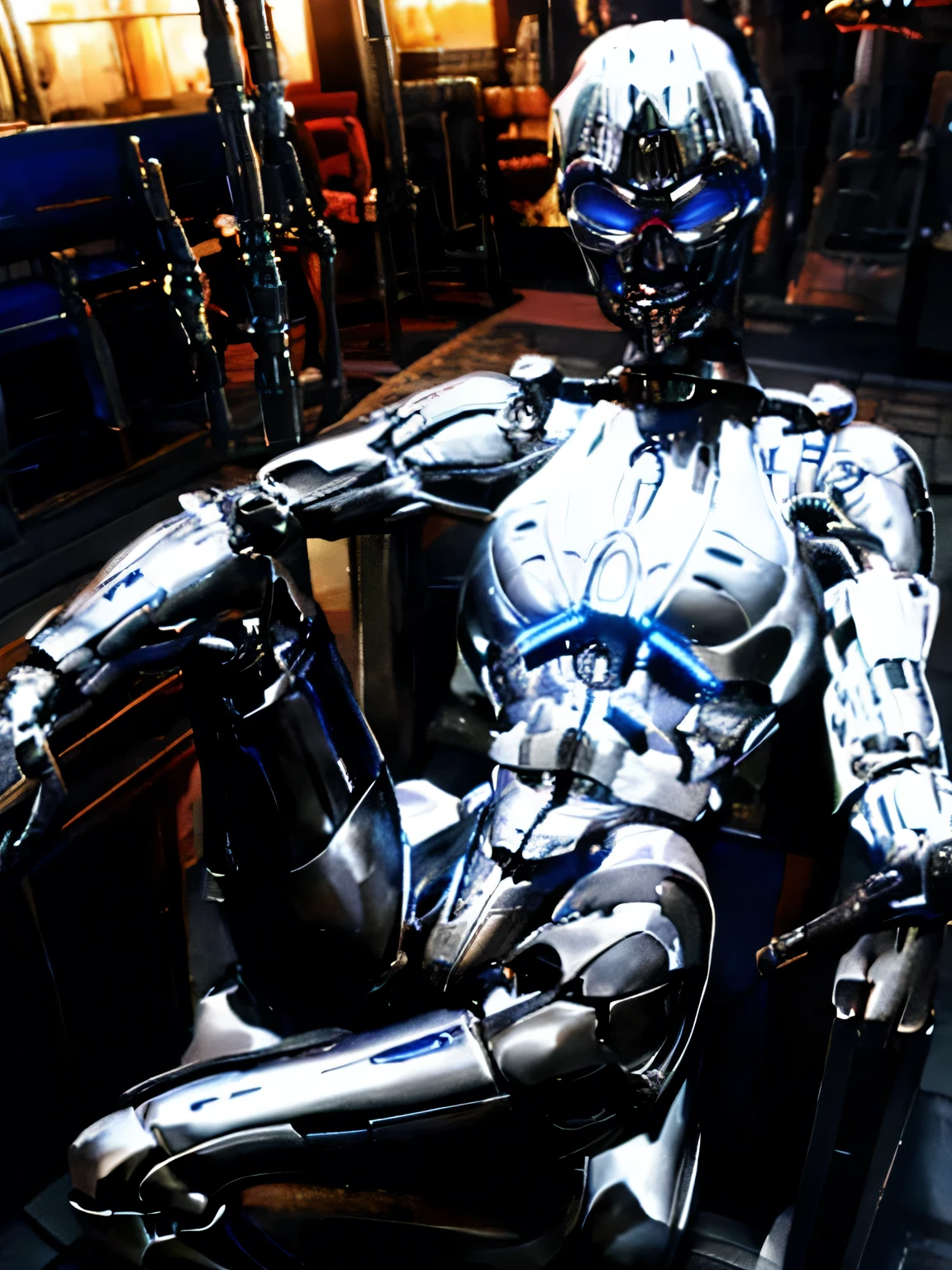 'terminator 3', 'terminator \(series\)', 'T-X', 'T-X(terminator)', 'endoskeleton', 'chrome metal', '(metal skin:1.4)', sitting on the stool with legs spread. 'sexy' '(glowing pupils:1.3)', 'blue pupils', '(robot joints:1.3)',