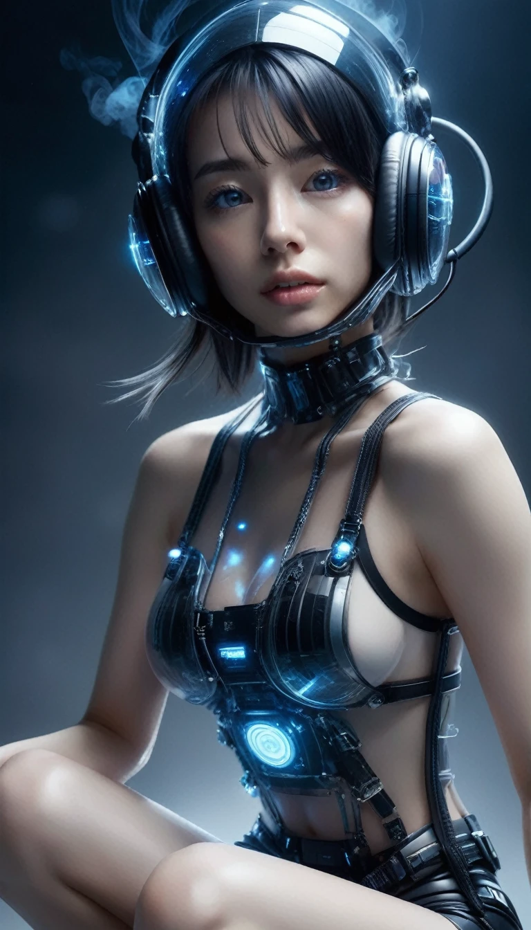 (Browsing Caution:1.2), masterpiece, Highest quality, Realistic, Futuristic, 
break 
beautiful young woman with blue eyes, ig model, High detail, April Rendering, (Wide-angle, Sitting, Full Body Shot, Full body in frame:1.3), 

break 
 (Very small waist:1.2), (Huge breasts, Cleavage, Big Ass), Beautiful long muscular legs, Creates a sculptural beauty, White, beautiful, silky oily skin, 
Very small head, 

break (Cyber Gear:1.2), (All Black Fashion Art:1.2),
See-through black gear with multiple stretchy black neon harnesses for clothing, Designed white LED harness, Calm expression, Futuristicアクセサリー, White neon trim and hem, Reflective transparent surfaces, Minimalist beauty, Wearing black technical sneakers, Advanced Technology, A harmonious posture, Amazing simplicity, 
break Detailed face and eyes, Cute and pretty slim face, Duck mouth, perfect beautiful teeth, Trimmed gray hair, The audience watching, 
break 
 (In a dimly lit room, The white neon lights shine brightly, Futuristicコロニーの内部, The fog is drifting、Steam rising from concrete),