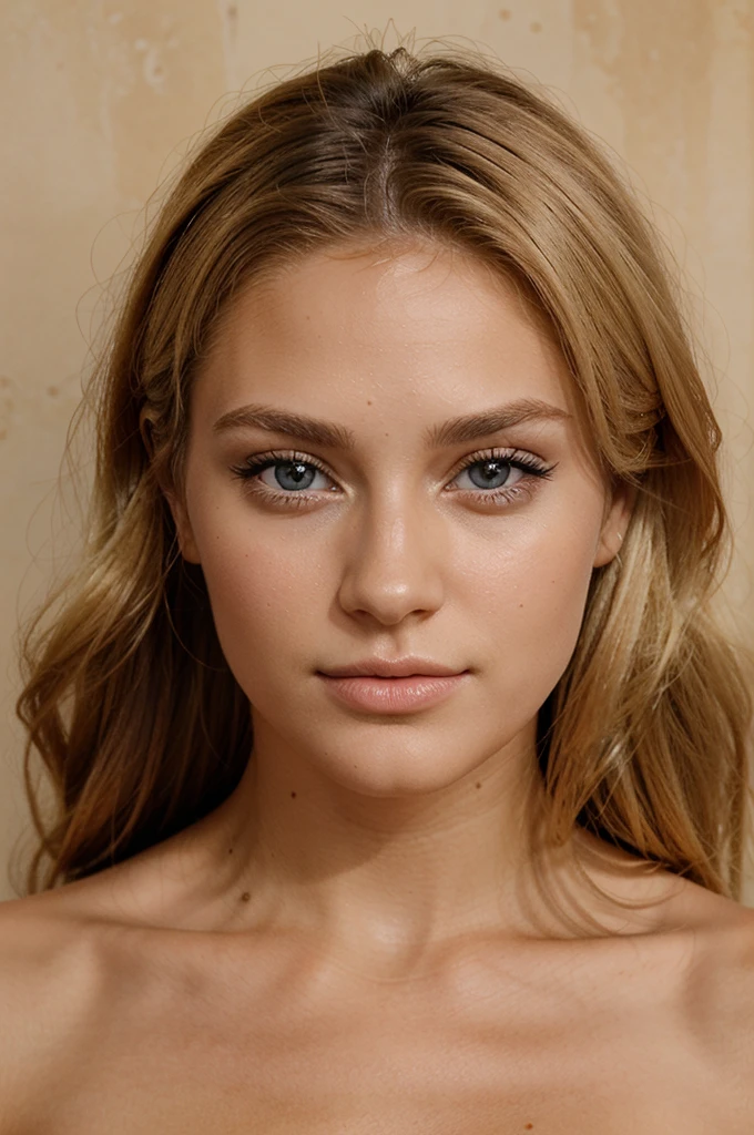 femme de 23 ans blonde mannequin, visage de face, beau regard et beau bronzage, Beautiful lip