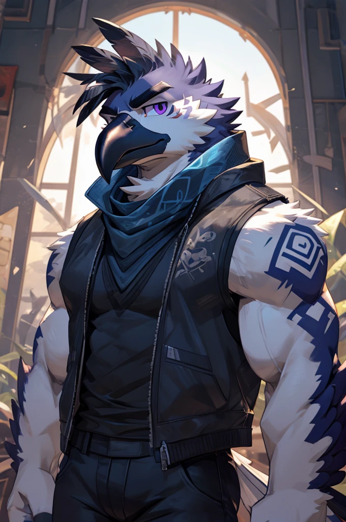 A Male Muscular Anthropomorphic Crow Rito Has A Calm, But Serious Face Expression And Has Black Feathers, Black Hair, Purple Eyes, Gray Spiritual Tribal Bird Markings On His Arms While He Was Wearing A Jacket Vest With A White Tank-Top Underneath, Blue Champion Scarf, A Pair of Black Jeans