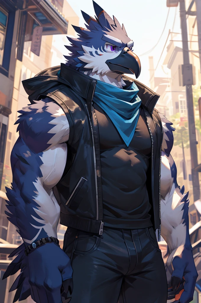 A Male Muscular Anthropomorphic Crow Rito Has A Calm, But Serious Face Expression And Has Black Feathers, Black Hair, Purple Eyes, Gray Spiritual Tribal Bird Markings On His Arms While He Was Wearing A Jacket Vest With A White Tank-Top Underneath, Blue Champion Scarf, A Pair of Black Jeans