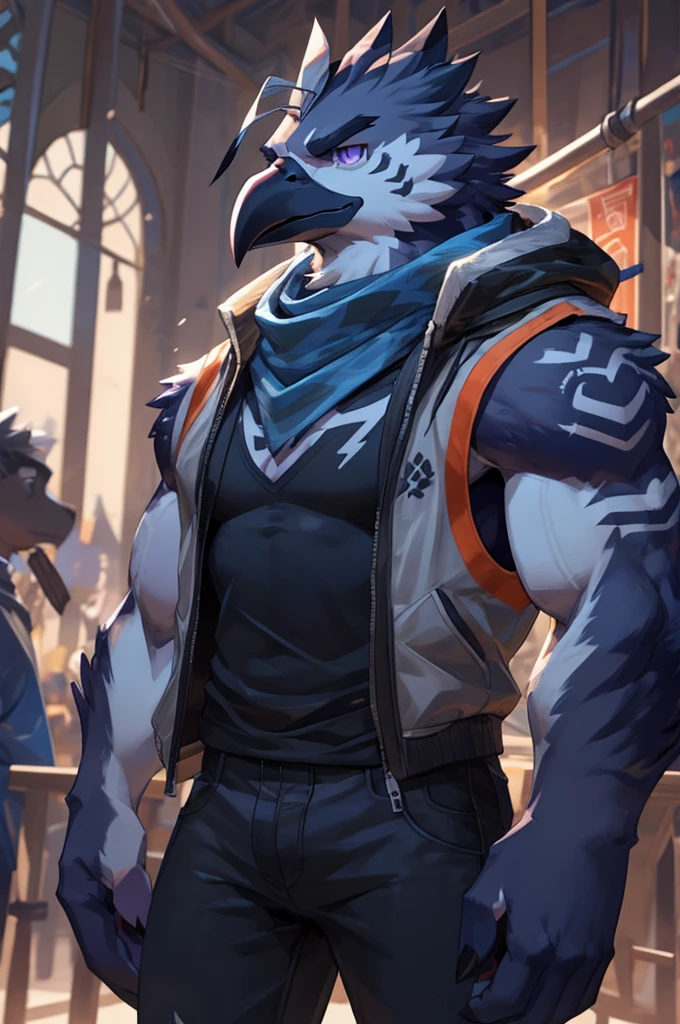 A Male Muscular Anthropomorphic Crow Rito Has A Calm, But Serious Face Expression And Has Black Feathers, Black Hair, Purple Eyes, Gray Spiritual Tribal Bird Markings On His Arms While He Was Wearing A Jacket Vest With A White Tank-Top Underneath, Blue Champion Scarf, A Pair of Black Jeans