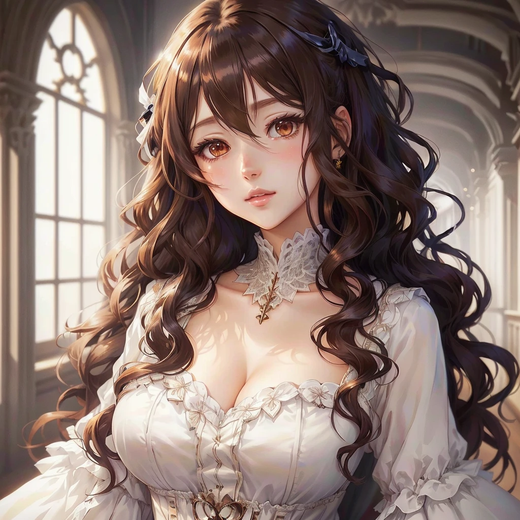anime girl with long brown hair wearing a white dress and a tiable, cute anime portrait, detailed portrait of anime girl, detailed anime digital art, Beautiful Anime Woman, anime character detailed art, gothic maiden anime girl, cute anime waifu in a beautiful dress, portrait of an anime girl, cute anime girl, beautiful seductive anime woman, anime portrait