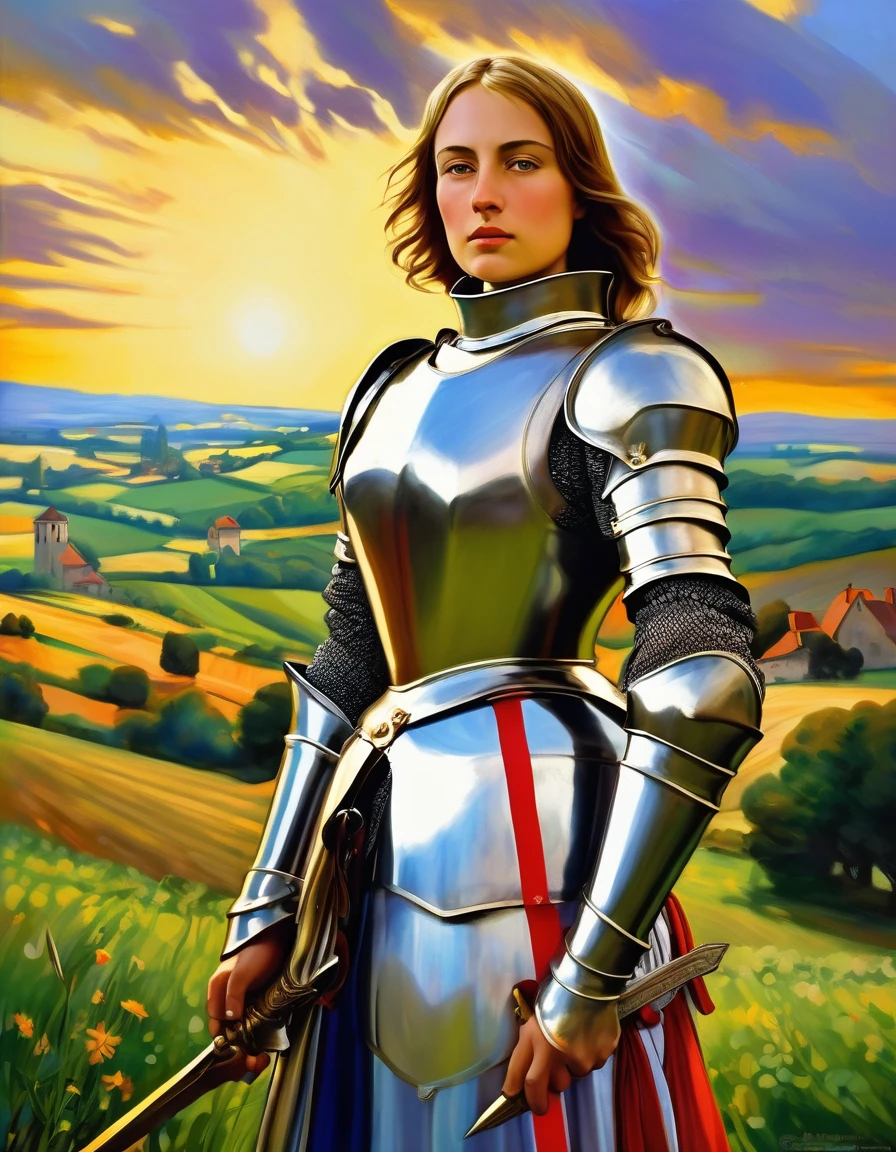 jeanne d'arc in her armor, Joan of Arc, Jeanne d'Arc, holy woman, divine halo, upright and proud posture, standing in front of a french countryside landscape, vibrant colors, chiaroscuro, historic character, french history