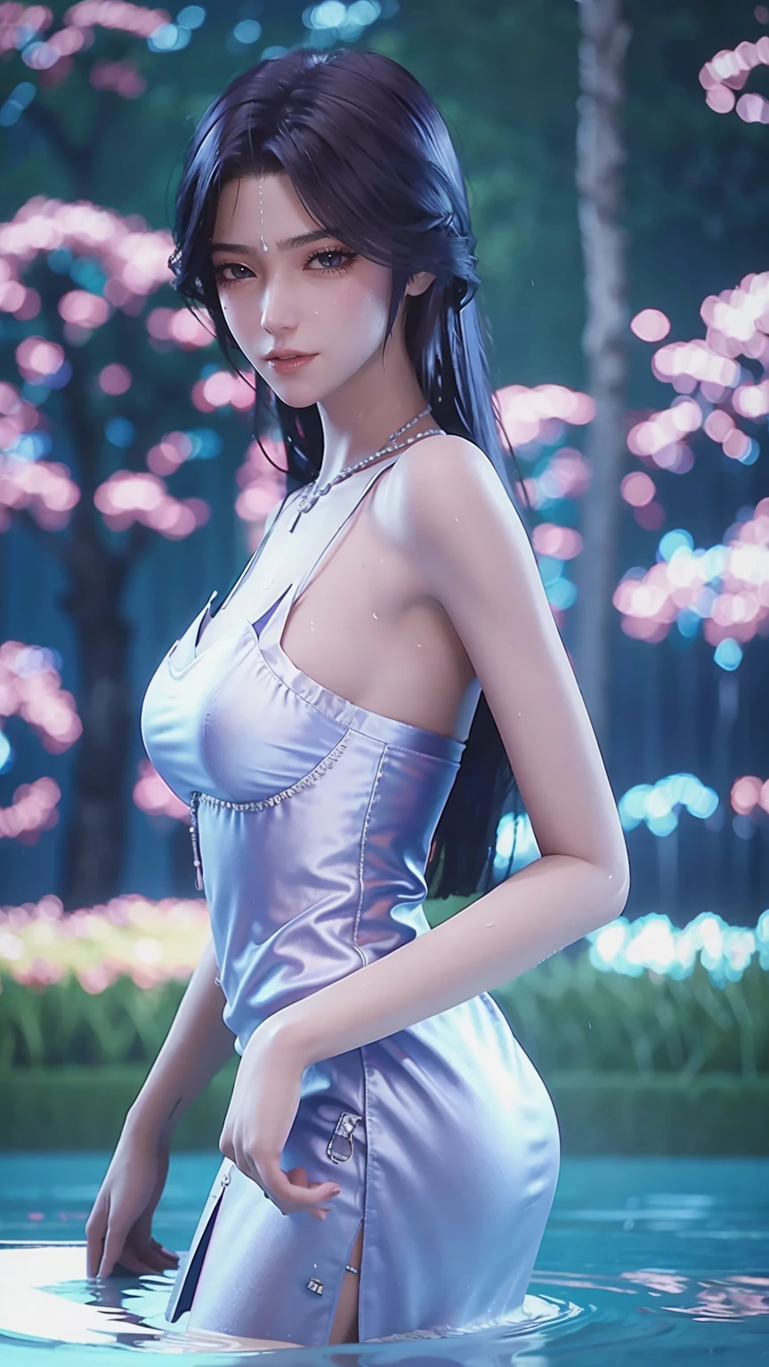 1girl sitting cross-legged on water surface, wearing sailor uniform, full shot, full capture, barefoot, long legs, wet body, water droplets on body, flower rain, draped in sheer fabric, legs together, brushing back hair, (best quality,8k,highres,masterpiece:1.2),ultra-detailed,(realistic,photorealistic,photo-realistic:1.37),HDR,UHD,studio lighting,ultra-fine painting,sharp focus,physically-based rendering,extreme detail description,professional,vivid colors,bokeh,portraits