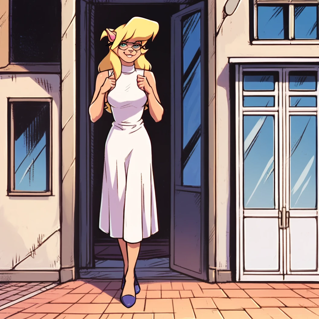 score_9, score_8_up, score_7_up, score_6_up, score_5_up, score_4_up, (Source furry), (rating safe), outside, standing, glasses, callie briggs,, detailed, detailed fur, front view, white panties, white sleeveless dress, long dress, 1girl, solo, lifting up dress, pantyflash, smile flirty
