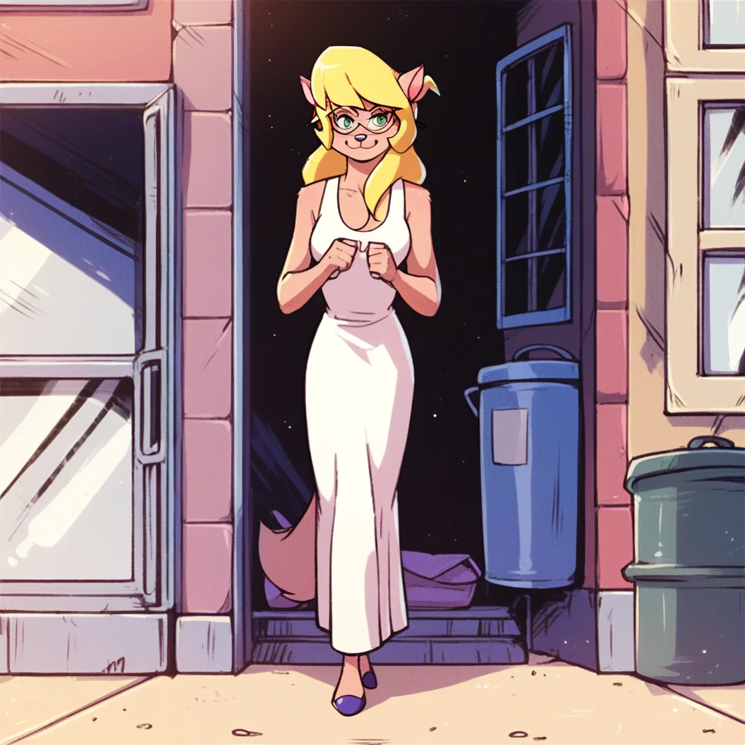 score_9, score_8_up, score_7_up, score_6_up, score_5_up, score_4_up, (Source furry), (rating safe), outside, standing, glasses, callie briggs,, detailed, detailed fur, front view, white panties, white sleeveless dress, long dress, 1girl, solo, lifting up dress, pantyflash, smile flirty