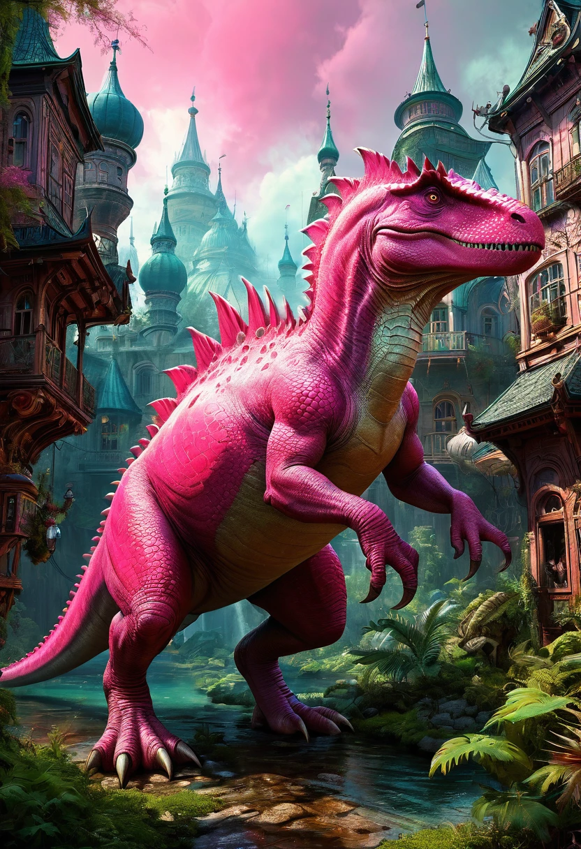 Pink Dinosaur, dynamic, by Alexander Jansson, best quality, masterpiece, very aesthetic, perfect composition, intricate details, ultra-detailed