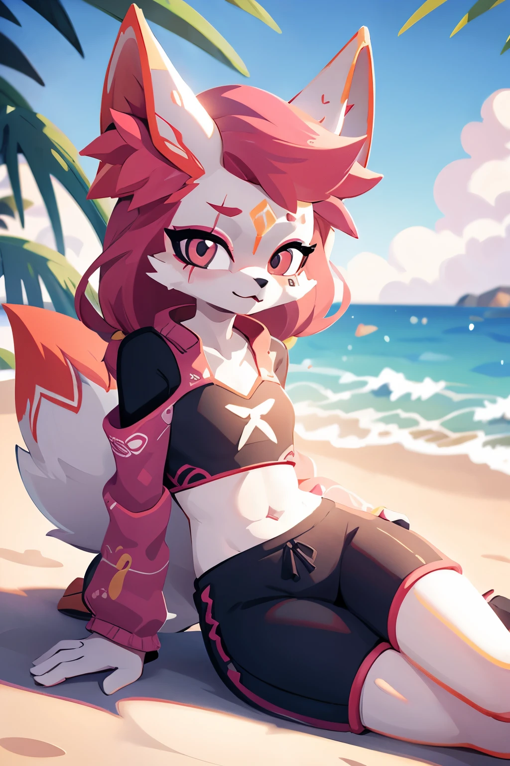 furry female anthro, fox girl, beach, lying on lounger, dressed, ordinary closed clothes