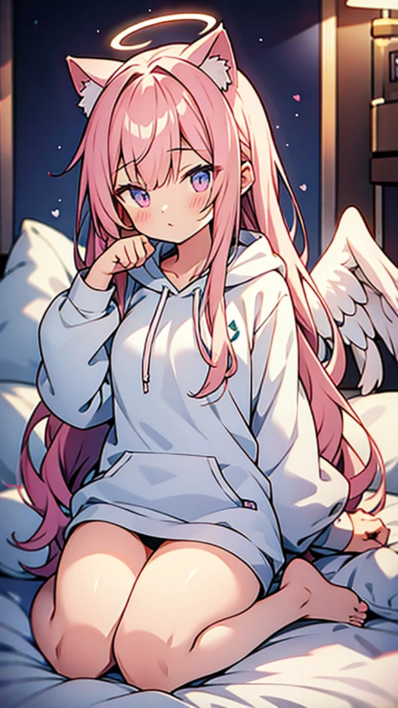 anime style,Angel shota,(((glowing Paw-shaped halo))),cat ears,pink long hair,white hoodie,angel wings,good night!,down on pillow,Faint lighting, hazy outlines,love you,Smooth thighs,panties
