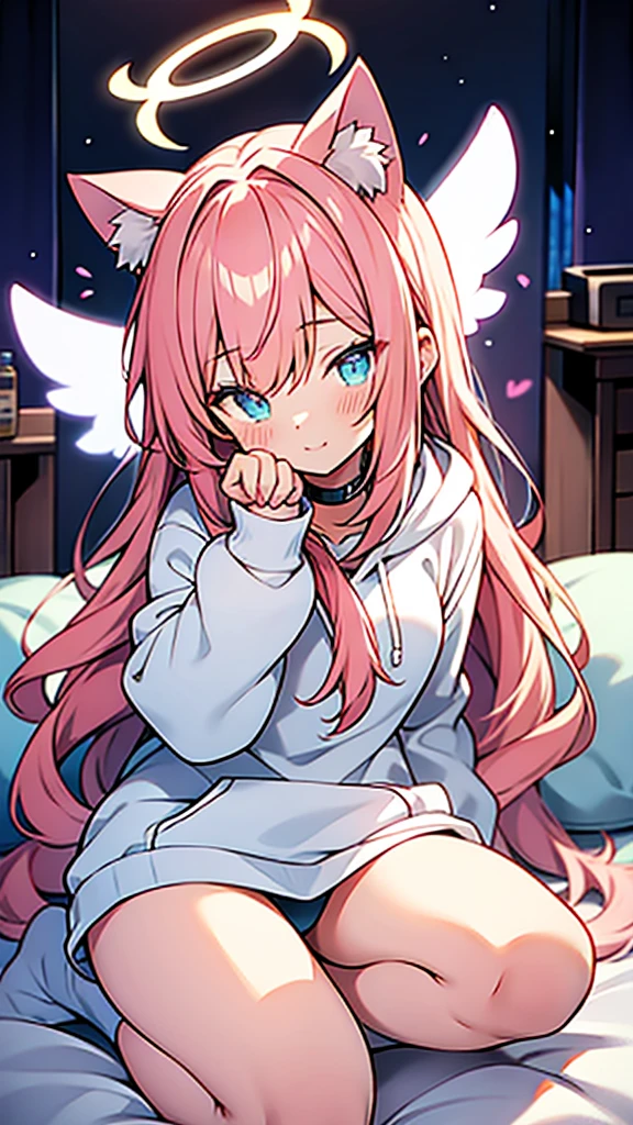 anime style,Angel shota,(((glowing Paw-shaped halo))),cat ears,pink long hair,white hoodie,angel wings,good night!,down on pillow,Faint lighting, hazy outlines,love you,Smooth thighs,panties