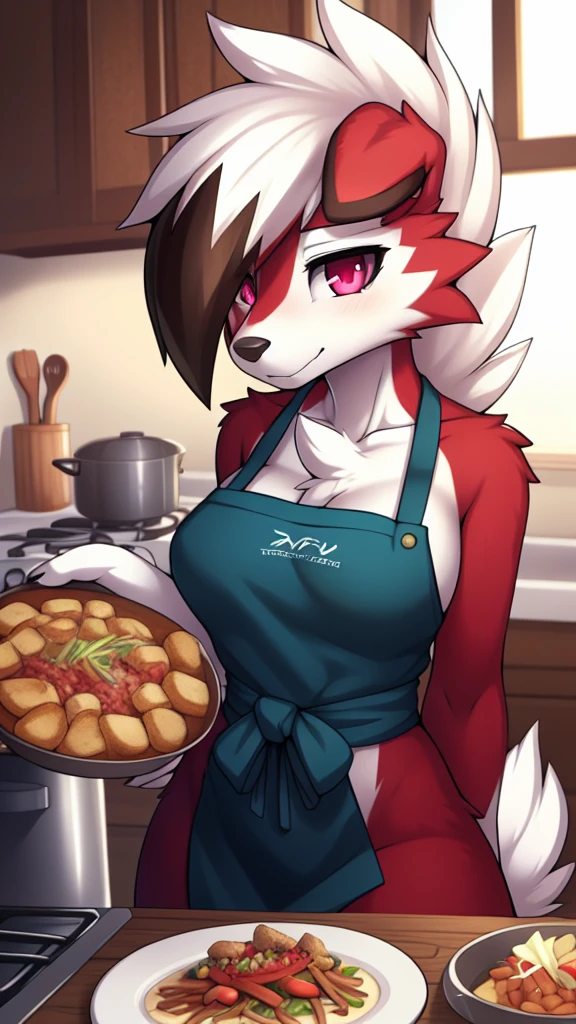 By zinfyu,by twistedscarlet60, uploaded on pixiv, by fluff-kevlar, (masterpiece), (best quality), (solo female:1.2), (extremely detailed:1.3),(detailed eye,black circle on eye,pink eye), lycanroc midnight, view on viewer, close view, shy face, half body on potrait, only body and head, close view, wearing cooking apron,in kitchen, serving food, (tail:1.1), closeup photo of lycanroc, adult body posture