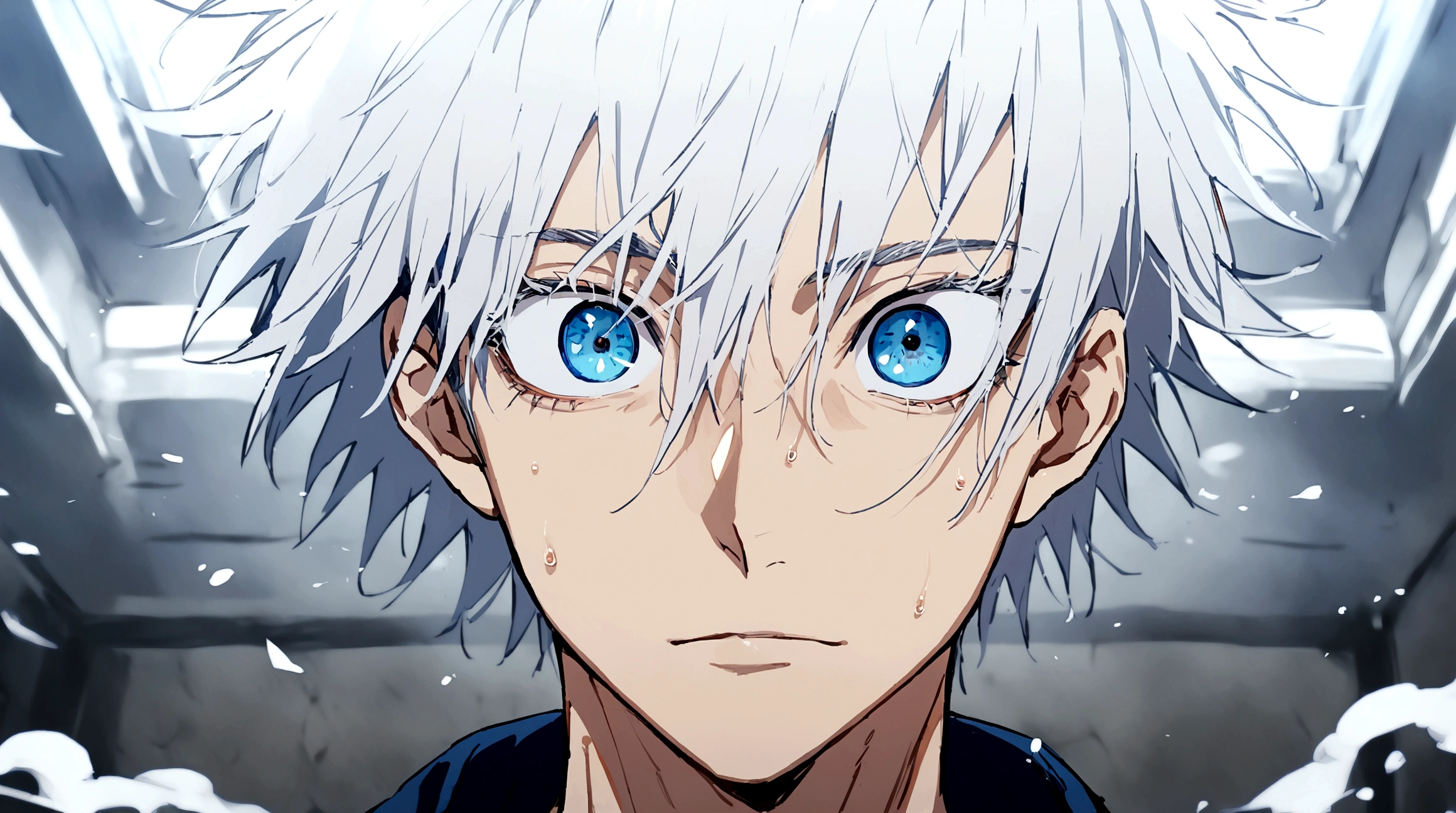 1boy, male focus, muscular shirtless body, blue eyes, white straight hair, Gojo Satoru, Jujutsu Kaisen. anime, hot, best quality