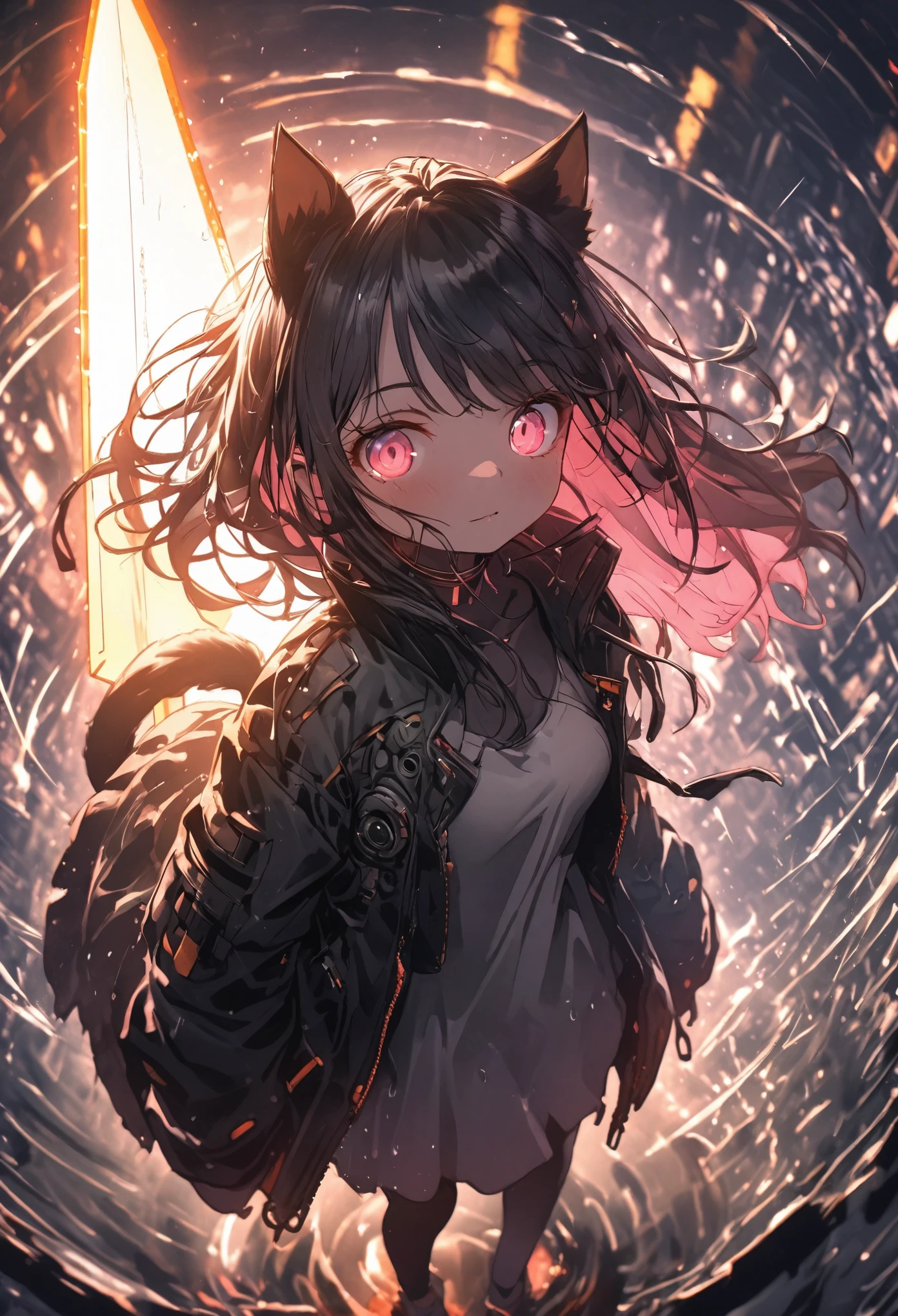 Detailed silhouette of a cyberpunk girl with cat ears and a tail, Flowing, Tattered coat, He has a giant buster sword with a mechanical cat design on it.., Stand on the glossy, Minimalist Reflective Surface, Depth, Dynamic Angle、Particles that glow throughout、Dimly、rain、Fisheye Lens:1.2、far and near method