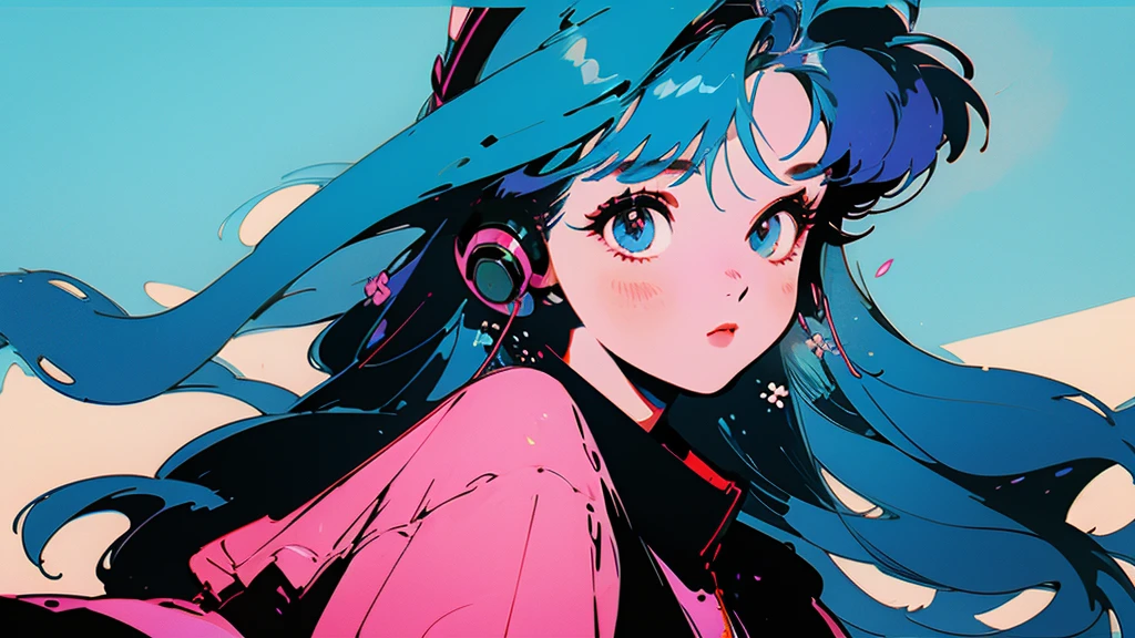 Beautiful flowers are blooming、Cool woman、Look straight into the camera、The blue sky is spreading、Wearing headphones、Long Hair、Blue hair color、youth