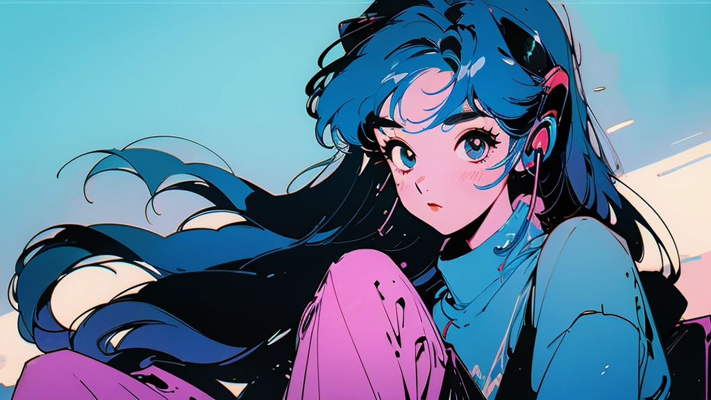 Beautiful flowers are blooming、Cool woman、Look straight into the camera、The blue sky is spreading、Wearing headphones、Long Hair、Blue hair color、youth