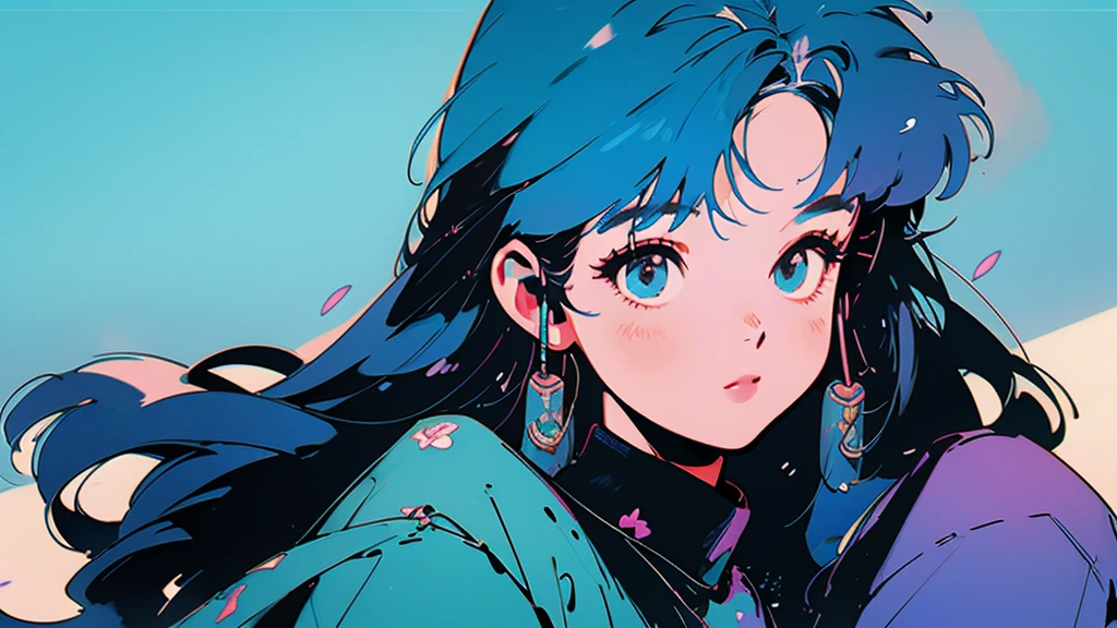 Beautiful flowers are blooming、Cool woman、Look straight into the camera、The blue sky is spreading、Wearing headphones、Long Hair、Blue hair color、youth