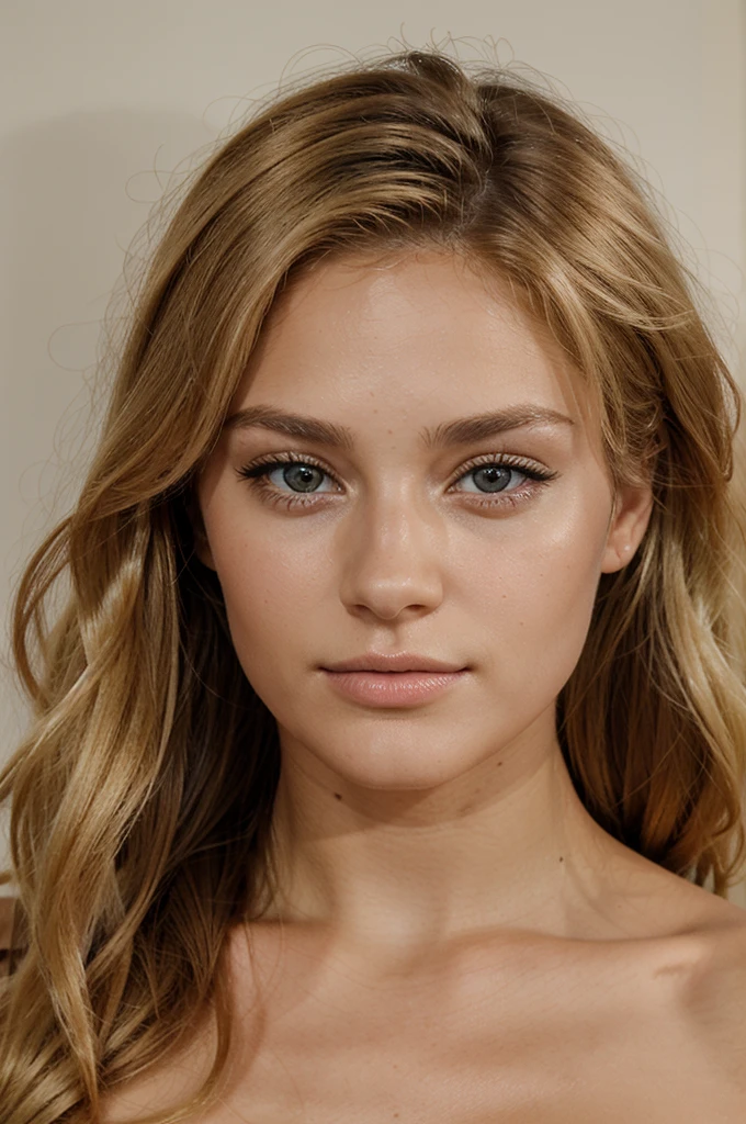 femme de 23 ans blonde mannequin, visage de face, beau regard et beau bronzage, belle lèvre, réaliste
