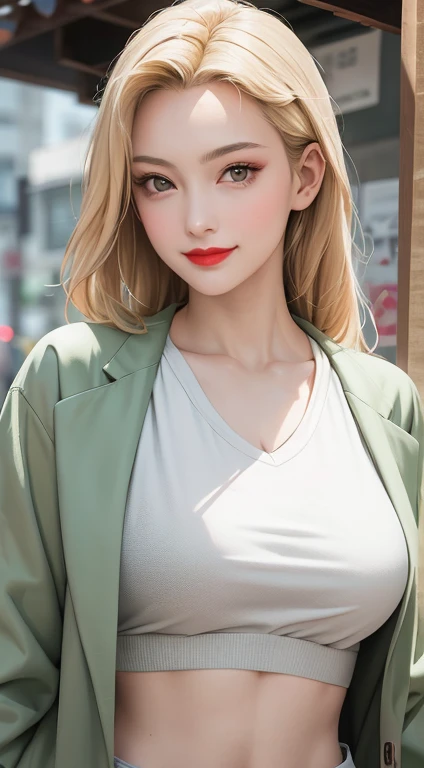 Best quality,masterpiece,1 Girl,Looking at the camera,blond,White top,Green coat,Smile,Perfect body,plum bossom,Red lips