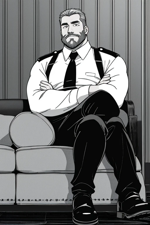 close up 1man in(handsome mature man plump chubby morbid extremely thick thighs bulging belly fat), older man, gray hair, white man, ( wearing,boots,stubble,police chief,bage,beard,old man,indoors,necktie,sitting,spread legs,), bulge, detailed glade on clothing, (fat and corpulent: 1.3), full beard very long, looking at the viewer, handsome man, detailed eyes, symmetrical face, mischievous smile, robust, mustache, longer hair, his body is lying sideways on the floor, front view.), (crossing arms: 1.22), (detailed living room background:1.1), on a couch, chilling, 4k textures, soft light, elegant, highly detailed, sharp focus, soothing tones, insane details, intricate details, hyperdetailed, low contrast, exposure blend, hdr, faded