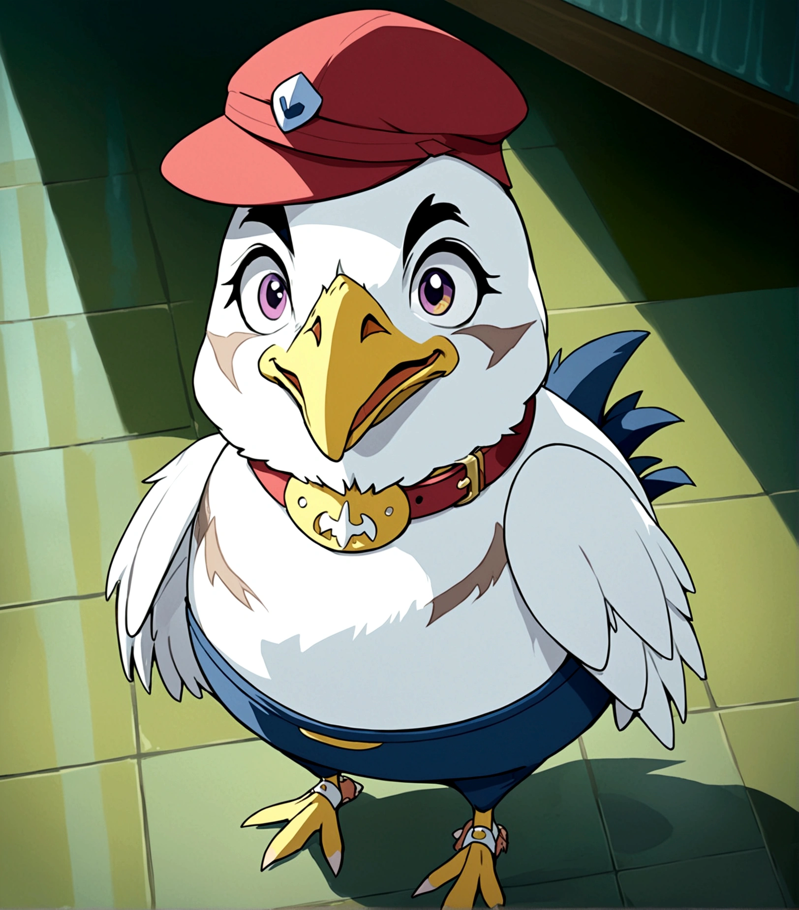 solo, looking at viewer, hat, standing, full body, collar, cosplay, no humans, bird, scar, scar on face, scar across eye, tiles, tile floor, animal focus, chicken, beak