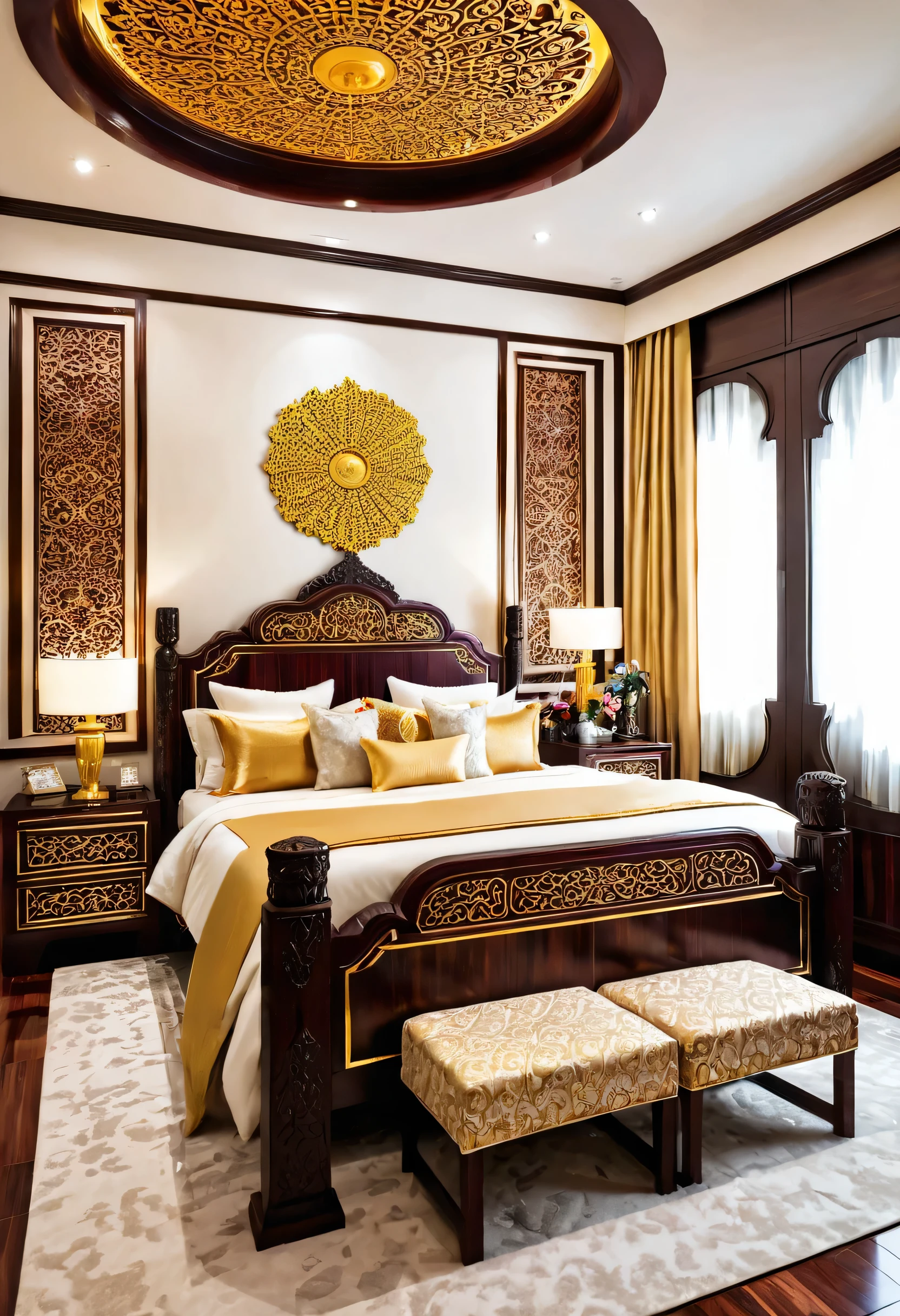 A beautiful bedroom made of rosewood decor design, intricate patterns, gold color,