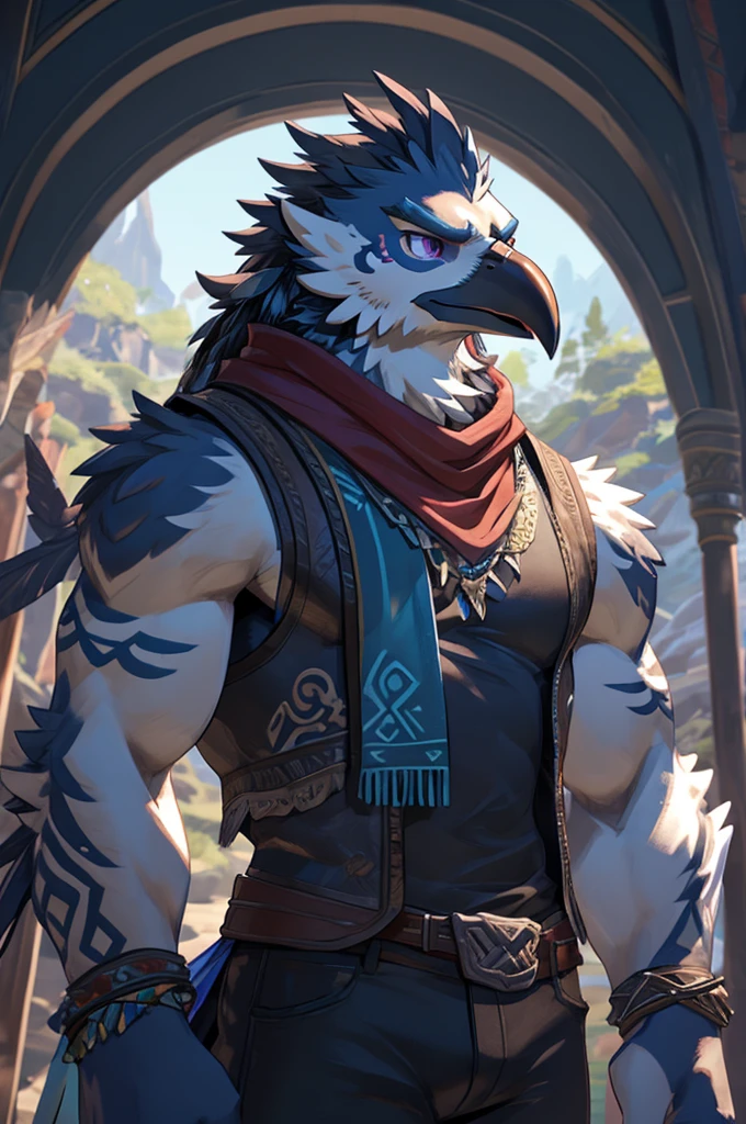 A Male Muscular Anthropomorphic Crow Rito From Legend of Zelda Breath of The Wild Has A Calm, But Serious Face Expression And Has Black Feathers, Black Hair, Purple Eyes, Gray Spiritual Tribal Bird Markings On His Arms While He Was Wearing A Jacket Vest With A White Tank-Top Underneath, Blue Champion Scarf, A Pair of Black Jeans