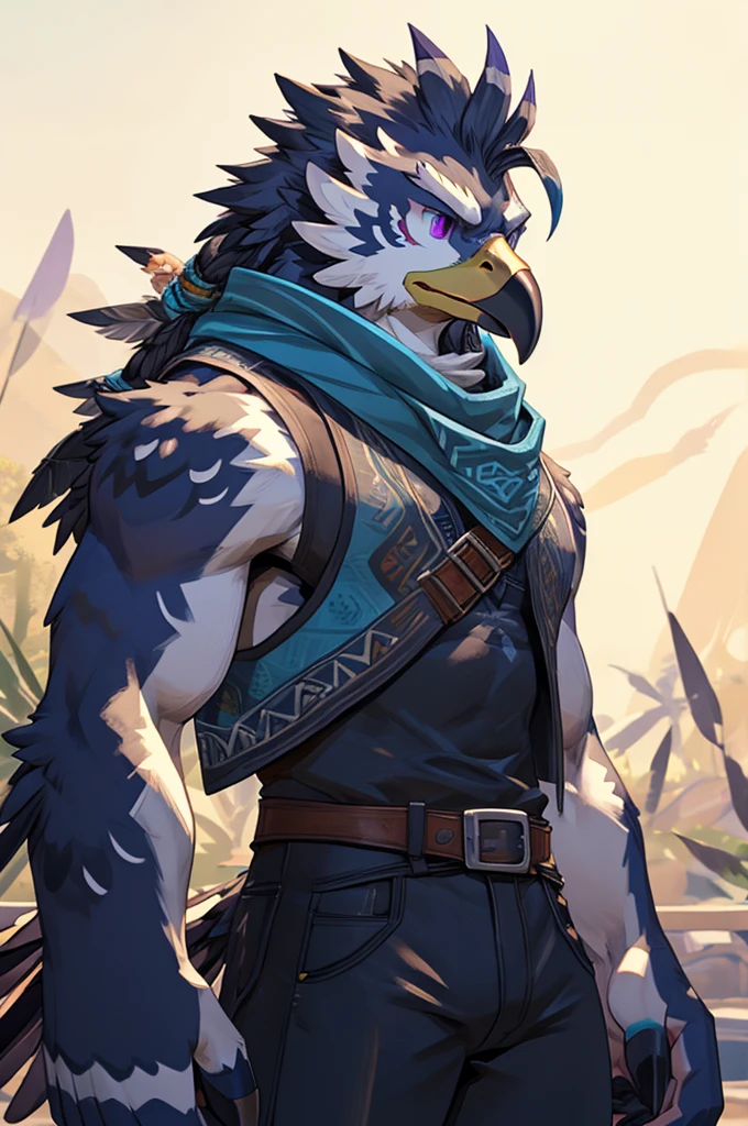 A Male Muscular Anthropomorphic Crow Rito From Legend of Zelda Breath of The Wild Has A Calm, But Serious Face Expression And Has Black Feathers, Black Hair, Purple Eyes, Gray Spiritual Tribal Bird Markings On His Arms While He Was Wearing A Jacket Vest With A White Tank-Top Underneath, Blue Champion Scarf, A Pair of Black Jeans