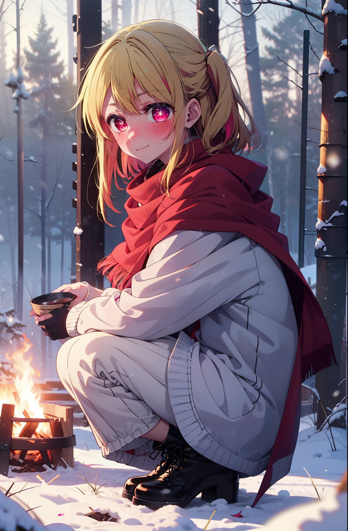 rubyhoshino, Hoshino Ruby, Long Hair, bangs, blonde, (Pink Eyes:1.3), Side Lock, (Symbol-shaped pupil:1.5), Multicolored Hair, Two-tone hair, smile,,smile,blush,White Breath,
Open your mouth,snow,Ground bonfire, Outdoor, boots, snowing, From the side, wood, suitcase, Cape, Blurred, , forest, White handbag, nature, Squat, Mouth closed, Cape, winter, Written boundary depth, Black shoes, red Cape break looking at viewer, Upper Body, whole body, break Outdoor, forest, nature, break (masterpiece:1.2), Highest quality, High resolution, unity 8k wallpaper, (shape:0.8), (Beautiful and beautiful eyes:1.6), Highly detailed face, Perfect lighting, Extremely detailed CG, (Perfect hands, Perfect Anatomy),