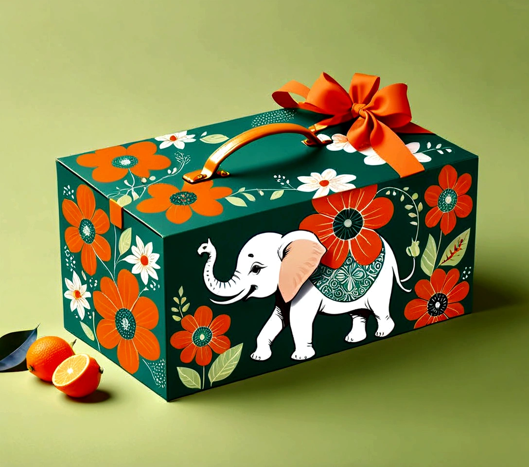 Beautifully designed flat rectangular box with handle, with carrying handle, English squares, flourishing flowers, printing a cute little elephant, geometric lines, minimalist, modern, high end, cute, color blocking, floral motifs, orange and green, illustration, cartoon, geometric style, beautifully detailed, flat color vector design style,...