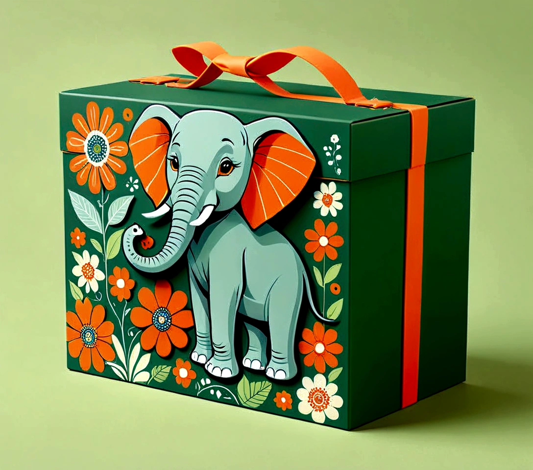 Beautifully designed flat rectangular box with handle, with carrying handle, English squares, flourishing flowers, printing a cute little elephant, geometric lines, minimalist, modern, high end, cute, color blocking, floral motifs, orange and green, illustration, cartoon, geometric style, beautifully detailed, flat color vector design style,...