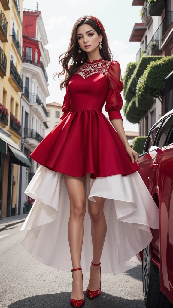 Vestido de dama de honor color rojo con 💐 zapatillas de cristal en tonos calidos y carruaje de caballos blanco con coletas rojas