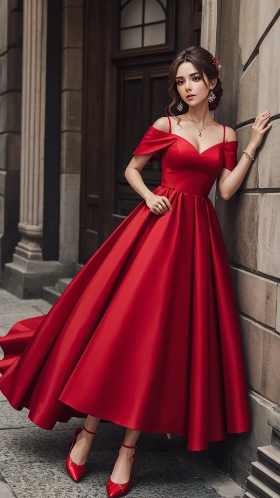 Vestido de dama de honor color rojo con 💐 zapatillas de cristal en tonos calidos y carruaje de caballos blanco con coletas rojas