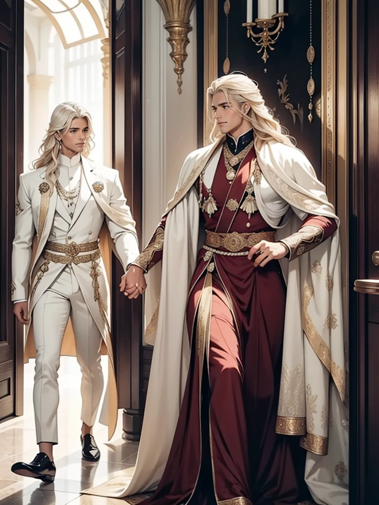 A tall, handsome, athletic, courageous, statuesque adult man is a platinum blonde with blue eyes, he is a king, tanned skin, long straight platinum hair, long bangs, he is wearing expensive royal clothes, he walks and holds the hand of an incredibly curvy fatal young woman-a golden-haired blonde with blue eyes, she is wearing a luxurious exquisite a royal marsala-colored dress. Romance. beauty, style, high society, elite. perfection.