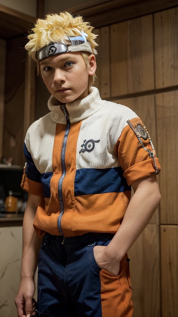 12 year old boy, blonde hair; blue eyes ; naruto uzumaki traits https://static.wikia.nocookie.net/naruto/images/3/33/Naruto_Uzumaki_%28Parte_I_-_HD%29.png/revision/latest/scale-to-width-down/1000?cb= 20160316113315&path-prefix=pt-br ; white turtleneck jaquat with blue works and the rest is orange
