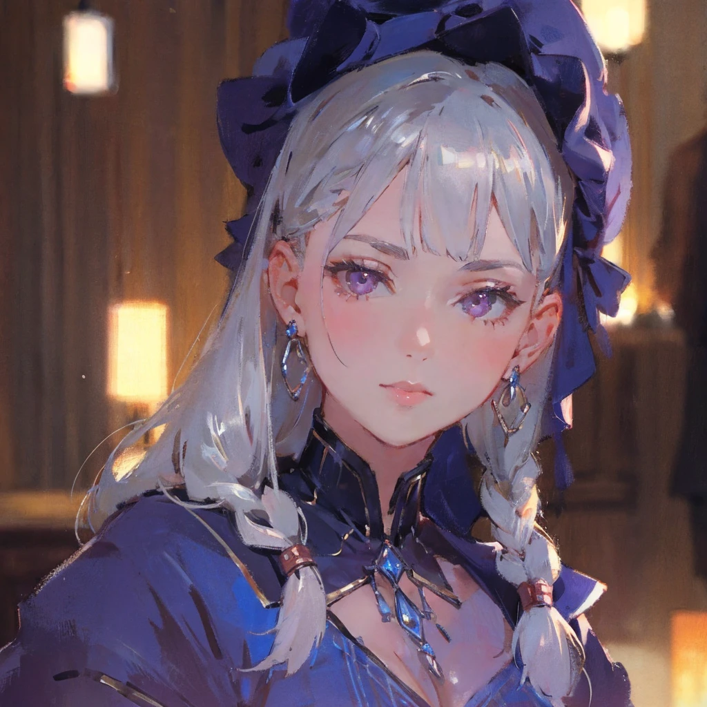 close-up glamour shot of 1girl, light pink braided hair, silver eyes, glossy lips, sapphire earrings, iper-realistic, masterpiece, cinematic lighting, best quality, anatomically perfect.